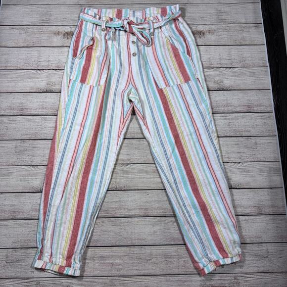 Indigo Rein Linen Blend Striped Paper Bag Jogger Pants Women's Size Large - Picture 1 of 8